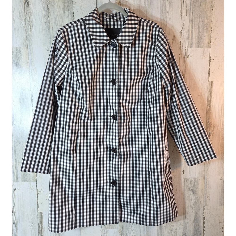 Talbots Plus Size 14W Womens Gingham Rain Jacket Coat Black and White Lined